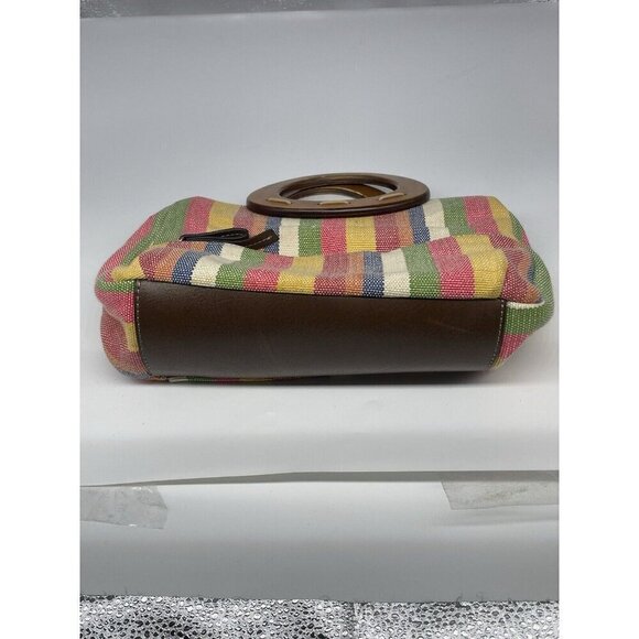 RELIC Wooden Handled Purse Pink, Tan and Orange Stripes Coastal Bohemian Beach - Picture 3 of 5